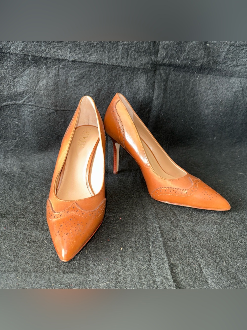 Lauren Ralph Lauren Brown Leather Wingtip Pointed Toe Block Stiletto Heels 7